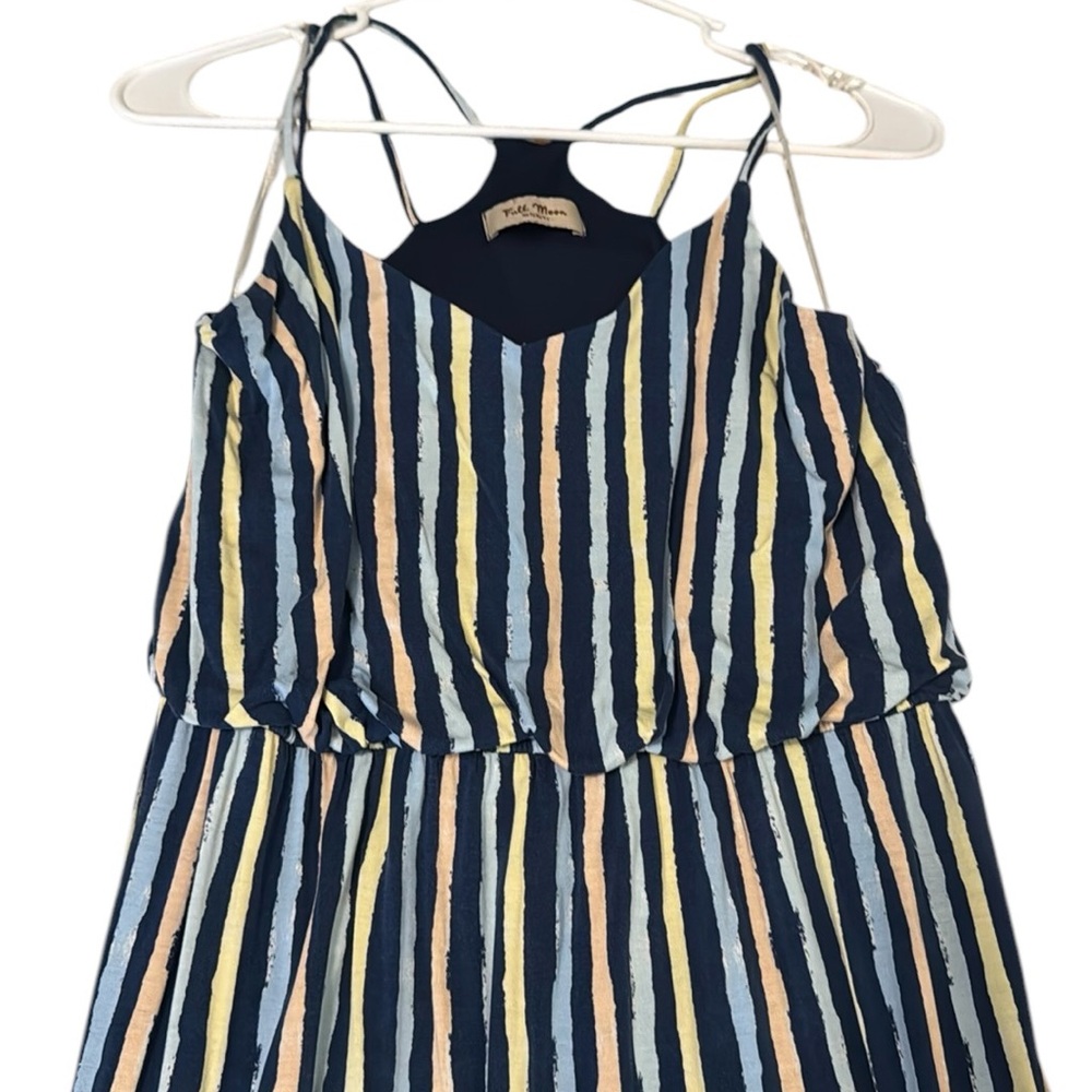 Striped Maxi Maternity Dress in Blue with blue, yellow and peach stripes.